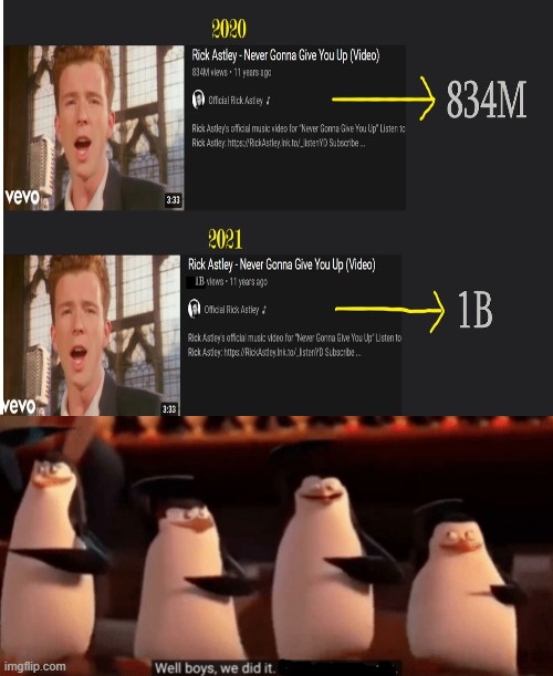 Never gonna give you up is at 1 Billion views.... | image tagged in blank white template,well boys we did it | made w/ Imgflip meme maker