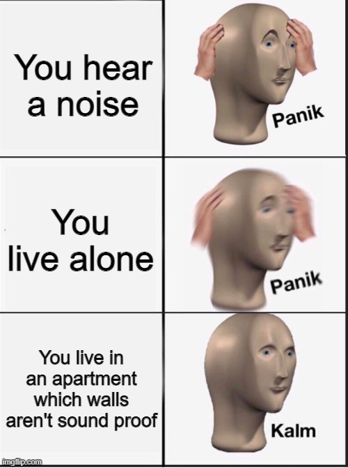 Who can relate | You hear a noise; You live alone; You live in an apartment which walls aren't sound proof | image tagged in reverse kalm panik,apartment | made w/ Imgflip meme maker
