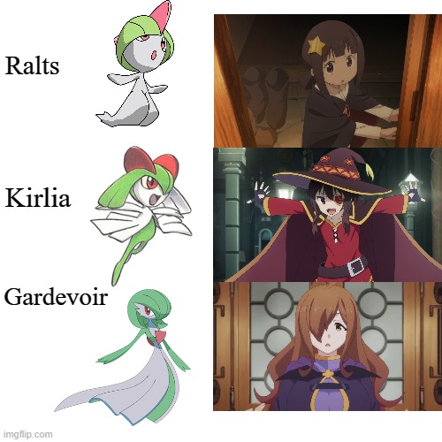 Blank Transparent Square Meme | Ralts; Kirlia; Gardevoir | image tagged in memes,blank transparent square,Konosuba | made w/ Imgflip meme maker