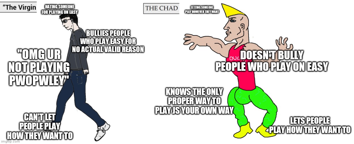 Be like Chad. Be a real gamer and let people play how they want to. | HATING SOMEONE FOR PLAYING ON EASY; LETTING SOMEONE PLAY HOWEVER THEY WANT; BULLIES PEOPLE WHO PLAY EASY FOR NO ACTUAL VALID REASON; "OMG UR NOT PLAYING PWOPWLEY"; DOESN'T BULLY PEOPLE WHO PLAY ON EASY; KNOWS THE ONLY PROPER WAY TO PLAY JS YOUR OWN WAY; LETS PEOPLE PLAY HOW THEY WANT TO; CAN'T LET PEOPLE PLAY HOW THEY WANT TO | image tagged in virgin and chad,gamers | made w/ Imgflip meme maker