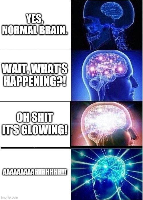 Funny | YES, NORMAL BRAIN. WAIT, WHAT'S HAPPENING?! OH SHIT IT'S GLOWING! AAAAAAAAAHHHHHHH!!! | image tagged in memes,expanding brain | made w/ Imgflip meme maker