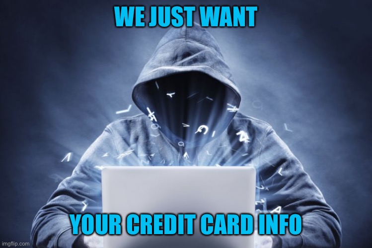 Hacker | WE JUST WANT YOUR CREDIT CARD INFO | image tagged in hacker | made w/ Imgflip meme maker