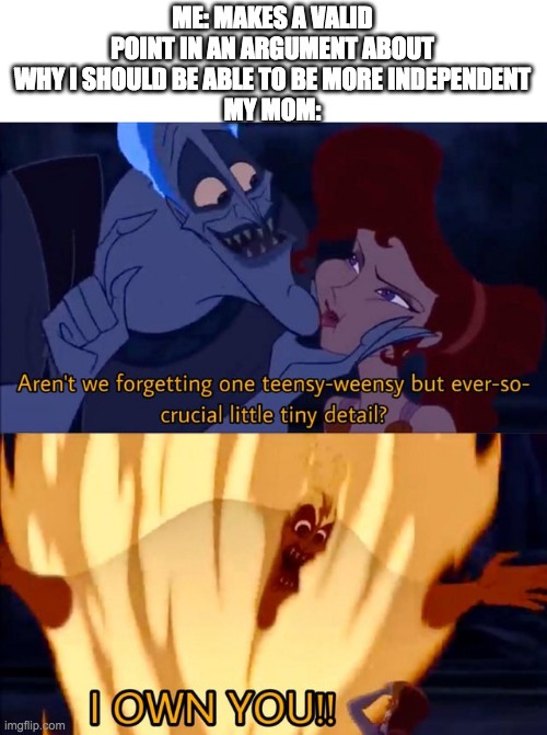 Hades I own you | ME: MAKES A VALID POINT IN AN ARGUMENT ABOUT WHY I SHOULD BE ABLE TO BE MORE INDEPENDENT
MY MOM: | image tagged in hades i own you | made w/ Imgflip meme maker