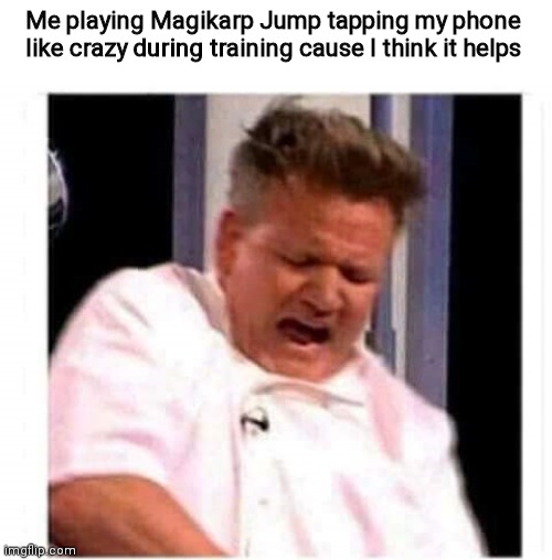 Gordon Ramsay | Me playing Magikarp Jump tapping my phone like crazy during training cause I think it helps | image tagged in gordon ramsay | made w/ Imgflip meme maker