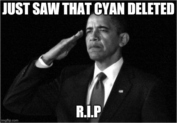 F | JUST SAW THAT CYAN DELETED; R.I.P | image tagged in obama-salute | made w/ Imgflip meme maker