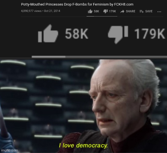 i know it's 6 years old but the like-dislike ratio makes me smile | image tagged in i love democracy,femnazi,brainwashing,society,leftists | made w/ Imgflip meme maker
