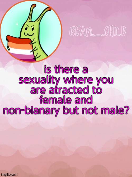 idk how to spel | is there a sexuality where you are atracted to female and non-bianary but not male? | image tagged in beans lesbo temp hehehehe | made w/ Imgflip meme maker