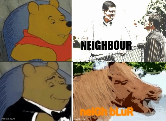 Idek | image tagged in neighbour,neigh,blue,tuxedo winnie the pooh | made w/ Imgflip meme maker
