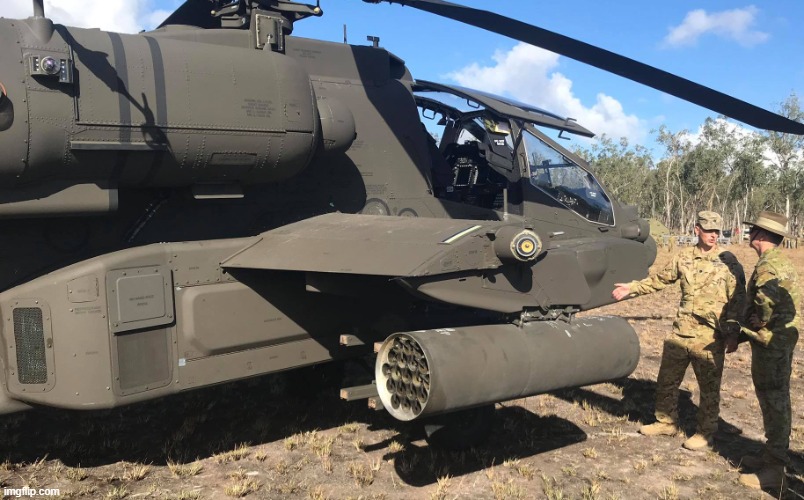 US Army AH-64 Apache inspected by Chief of Australian Army | image tagged in us army ah-64 apache inspected by chief of australian army | made w/ Imgflip meme maker