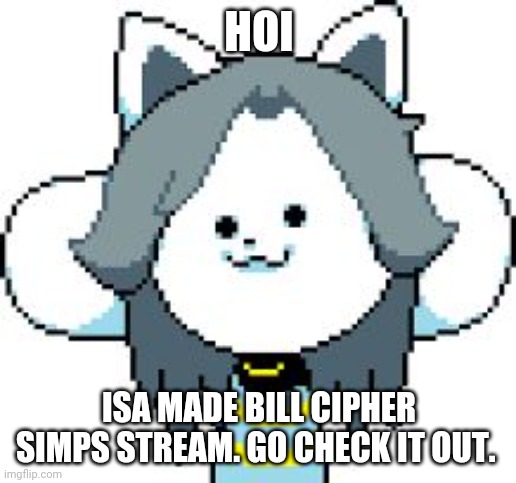 Bill cipher simp Stream. Go check it out. | HOI; ISA MADE BILL CIPHER SIMPS STREAM. GO CHECK IT OUT. | image tagged in temmie,advertising | made w/ Imgflip meme maker