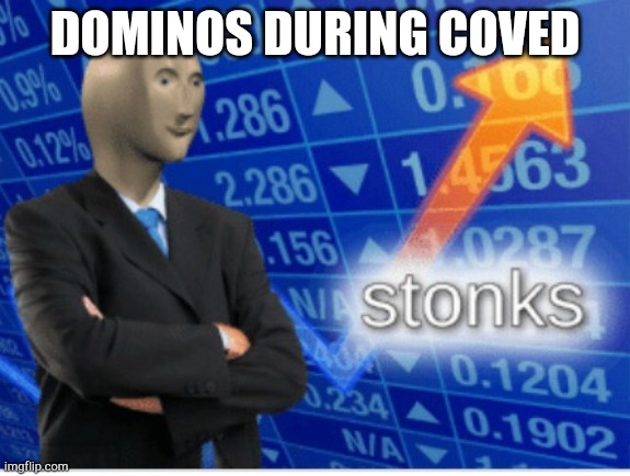 Stoinks | DOMINOS DURING COVED | image tagged in stoinks | made w/ Imgflip meme maker