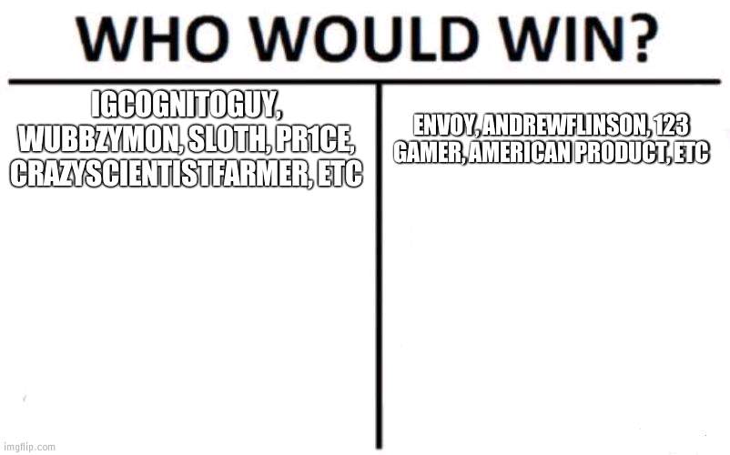 Ladies and gentlemen, get your popcorn out | IGCOGNITOGUY, WUBBZYMON, SLOTH, PR1CE, CRAZYSCIENTISTFARMER, ETC; ENVOY, ANDREWFLINSON, 123 GAMER, AMERICAN PRODUCT, ETC | image tagged in memes,who would win,popcorn | made w/ Imgflip meme maker