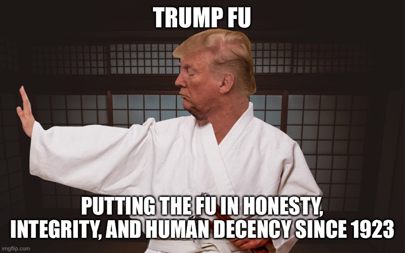 Trump Fu - The BS continues | TRUMP FU; PUTTING THE FU IN HONESTY, INTEGRITY, AND HUMAN DECENCY SINCE 1923 | image tagged in trump fu,donald trump,the big lie,liar | made w/ Imgflip meme maker