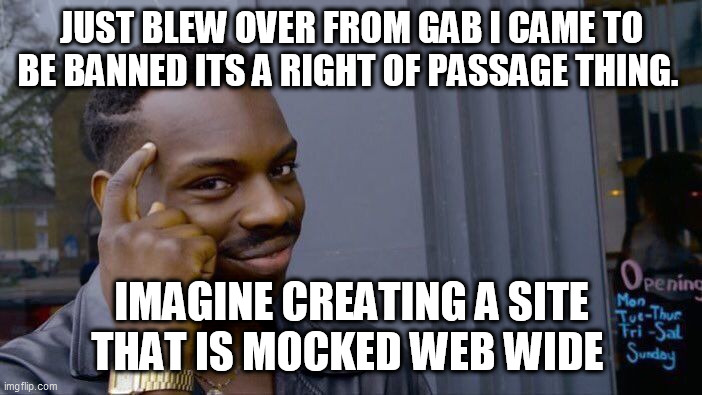 Roll Safe Think About It Meme | JUST BLEW OVER FROM GAB I CAME TO BE BANNED ITS A RIGHT OF PASSAGE THING. IMAGINE CREATING A SITE THAT IS MOCKED WEB WIDE | image tagged in memes,roll safe think about it | made w/ Imgflip meme maker