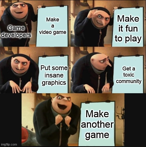 Problem solved. | Make a video game; Make it fun to play; Game developers; Get a toxic community; Put some insane graphics; Make another game | image tagged in 5 panel gru meme | made w/ Imgflip meme maker