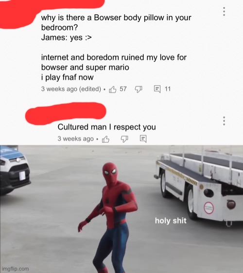 Imagine losing your love for super Mario because some dude has a body pillow of bowser [pretty sure this was a joke] (couldn’t b | image tagged in holy shit | made w/ Imgflip meme maker