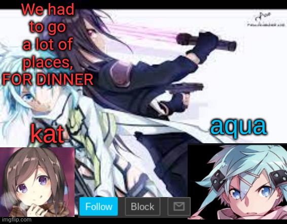 this is taking too long | We had to go a lot of places, FOR DINNER | image tagged in fem kirito | made w/ Imgflip meme maker