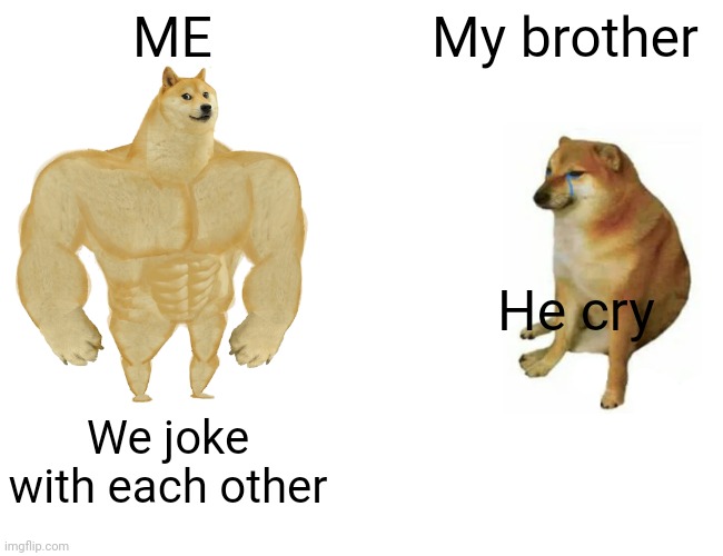 Me | ME; My brother; He cry; We joke with each other | image tagged in memes,buff doge vs cheems | made w/ Imgflip meme maker