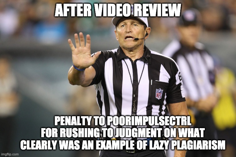 Ed Hochuli Fallacy Referee | AFTER VIDEO REVIEW PENALTY TO POORIMPULSECTRL FOR RUSHING TO JUDGMENT ON WHAT CLEARLY WAS AN EXAMPLE OF LAZY PLAGIARISM | image tagged in ed hochuli fallacy referee | made w/ Imgflip meme maker