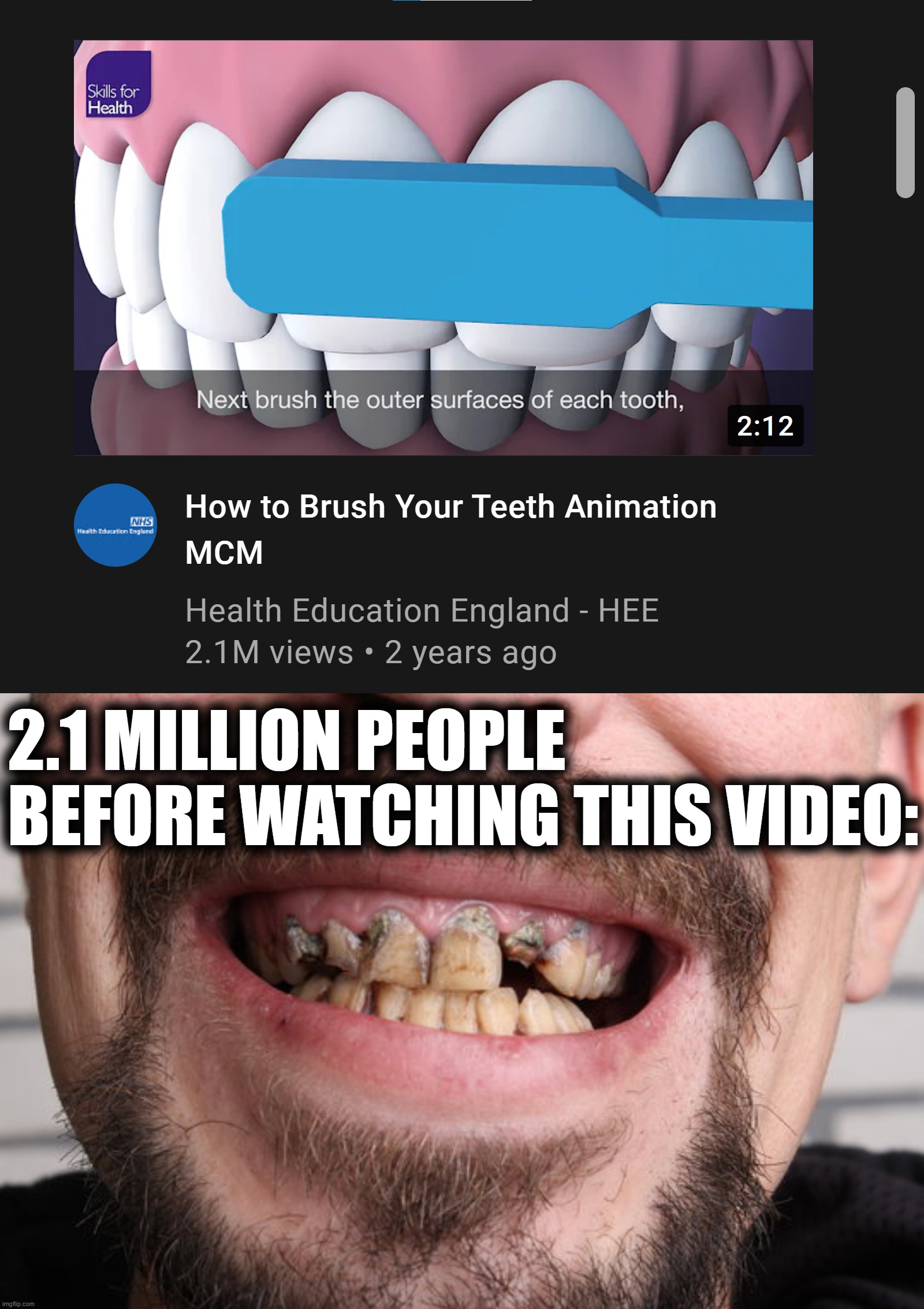 Brushing teeth | 2.1 MILLION PEOPLE BEFORE WATCHING THIS VIDEO: | image tagged in youtube,teeth,brushing teeth | made w/ Imgflip meme maker