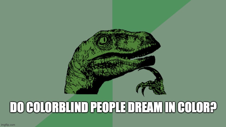 Actually, do they? | DO COLORBLIND PEOPLE DREAM IN COLOR? | image tagged in philosophy dinosaur | made w/ Imgflip meme maker