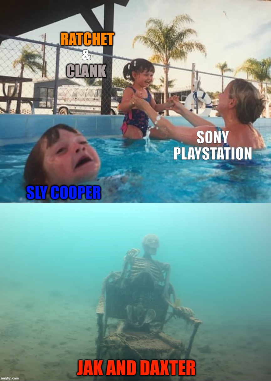 Sony's "treatment" of the Holy Trinity |  RATCHET; &; CLANK; SONY PLAYSTATION; SLY COOPER; JAK AND DAXTER | image tagged in swimming pool kids | made w/ Imgflip meme maker