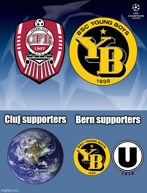 CFR Cluj vs Young Boys Bern aka Random Guys from Switzerland meme | Cluj supporters; Bern supporters | image tagged in cfr cluj,young boys,champions league,memes | made w/ Imgflip meme maker