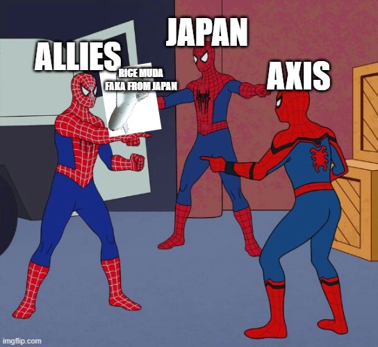 POV OF WW2 | JAPAN; ALLIES; AXIS; RICE MUDA FAKA FROM JAPAN | image tagged in spider man triple | made w/ Imgflip meme maker