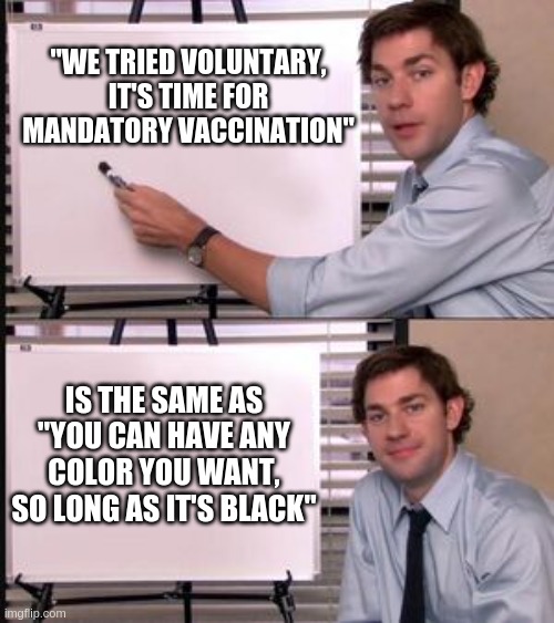 The Office guy pointing to white board | "WE TRIED VOLUNTARY, IT'S TIME FOR MANDATORY VACCINATION"; IS THE SAME AS "YOU CAN HAVE ANY COLOR YOU WANT, SO LONG AS IT'S BLACK" | image tagged in the office guy pointing to white board | made w/ Imgflip meme maker