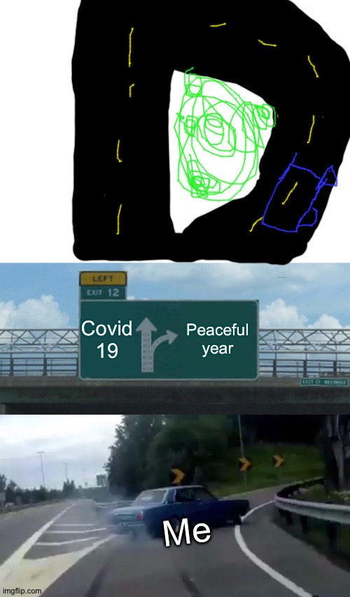 Sorry for the bad drawing it's late | Covid 19; Peaceful year; Me | image tagged in blank white template,memes,left exit 12 off ramp | made w/ Imgflip meme maker