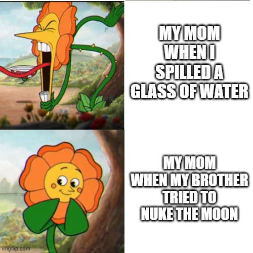 anybody relate to this | MY MOM WHEN I SPILLED A GLASS OF WATER; MY MOM WHEN MY BROTHER TRIED TO NUKE THE MOON | image tagged in cuphead flower | made w/ Imgflip meme maker