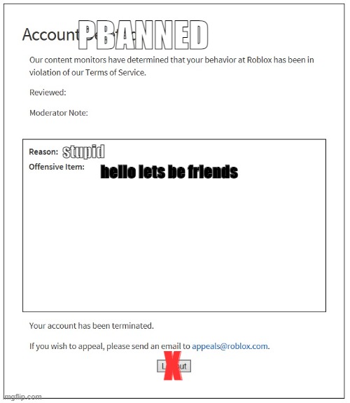 hello banned #2 | PBANNED; stupid; hello lets be friends; X | image tagged in banned from roblox | made w/ Imgflip meme maker