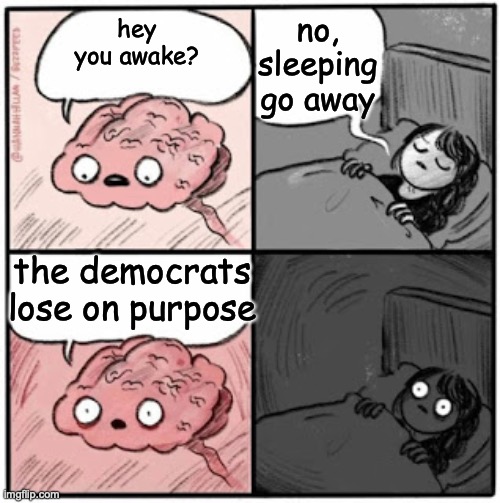 Brain Before Sleep | no, sleeping go away; hey you awake? the democrats lose on purpose | image tagged in brain before sleep | made w/ Imgflip meme maker