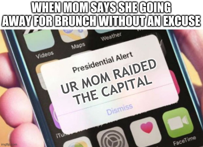should have posted this when the raid actually happend | WHEN MOM SAYS SHE GOING AWAY FOR BRUNCH WITHOUT AN EXCUSE; UR MOM RAIDED THE CAPITAL | image tagged in memes,presidential alert | made w/ Imgflip meme maker
