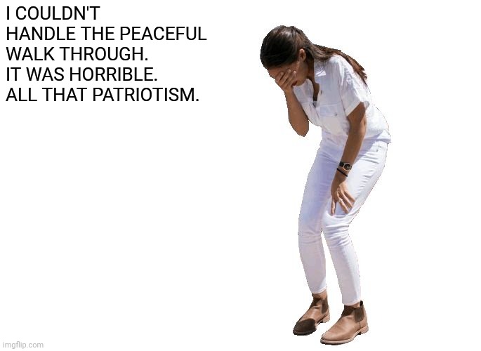 AOC Cries. | I COULDN'T HANDLE THE PEACEFUL WALK THROUGH. IT WAS HORRIBLE. ALL THAT PATRIOTISM. | image tagged in aoc cries | made w/ Imgflip meme maker