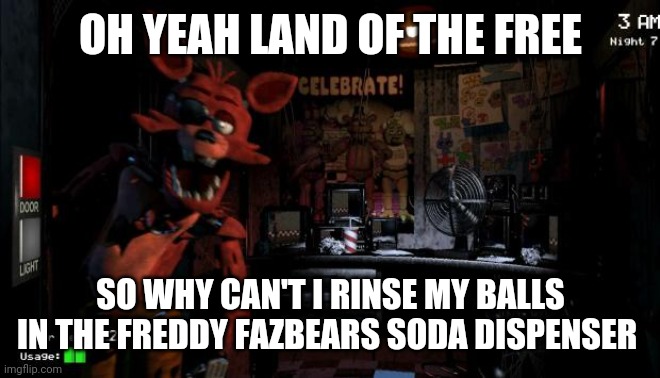 Please forgive me | OH YEAH LAND OF THE FREE; SO WHY CAN'T I RINSE MY BALLS IN THE FREDDY FAZBEARS SODA DISPENSER | image tagged in foxy five nights at freddy's,foxy | made w/ Imgflip meme maker