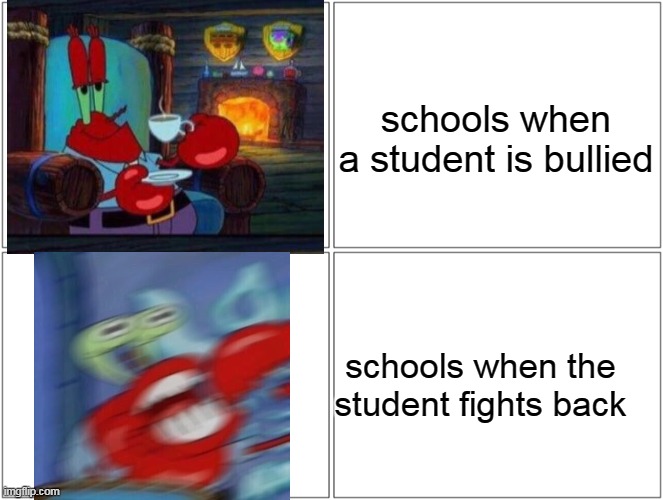 do you have are stupid | schools when a student is bullied; schools when the student fights back | image tagged in memes,blank comic panel 2x2 | made w/ Imgflip meme maker