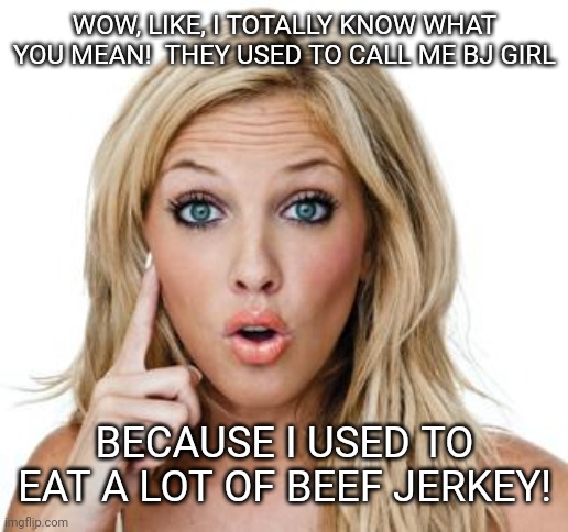 Dumb blonde | WOW, LIKE, I TOTALLY KNOW WHAT YOU MEAN!  THEY USED TO CALL ME BJ GIRL BECAUSE I USED TO EAT A LOT OF BEEF JERKEY! | image tagged in dumb blonde | made w/ Imgflip meme maker