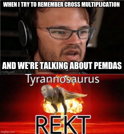 Wrog numba | WHEN I TRY TO REMEMBER CROSS MULTIPLICATION; AND WE'RE TALKING ABOUT PEMDAS | image tagged in bruh,tyrannosaurus rekt | made w/ Imgflip meme maker