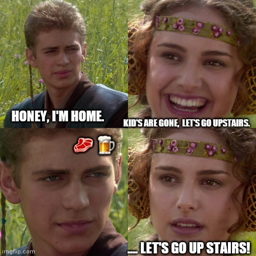 Take her upstairs | HONEY, I'M HOME. KID'S ARE GONE,  LET'S GO UPSTAIRS. 🥩 🍺; .... LET'S GO UP STAIRS! | image tagged in anakin padme 4 panel | made w/ Imgflip meme maker