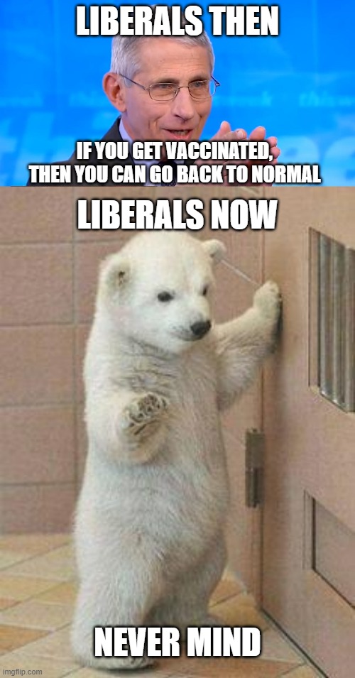 They pulled a sneaky on you |  LIBERALS THEN; IF YOU GET VACCINATED, THEN YOU CAN GO BACK TO NORMAL; LIBERALS NOW; NEVER MIND | image tagged in dr fauci 2020,oh never mind polar bear,masks | made w/ Imgflip meme maker
