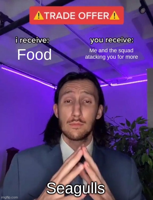 Trade Offer | Food; Me and the squad atacking you for more; Seagulls | image tagged in trade offer | made w/ Imgflip meme maker