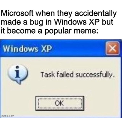 Task failed successfully | Microsoft when they accidentally 
made a bug in Windows XP but
it become a popular meme: | image tagged in task failed successfully,microsoft | made w/ Imgflip meme maker