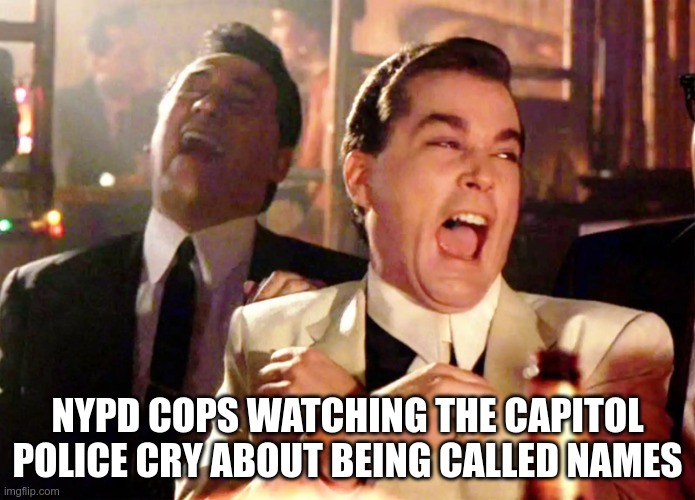Good Fells Laughing | NYPD COPS WATCHING THE CAPITOL POLICE CRY ABOUT BEING CALLED NAMES | image tagged in good fells laughing | made w/ Imgflip meme maker