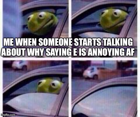 Ro | ME WHEN SOMEONE STARTS TALKING ABOUT WHY SAYING E IS ANNOYING AF | image tagged in kermit rolls up window | made w/ Imgflip meme maker