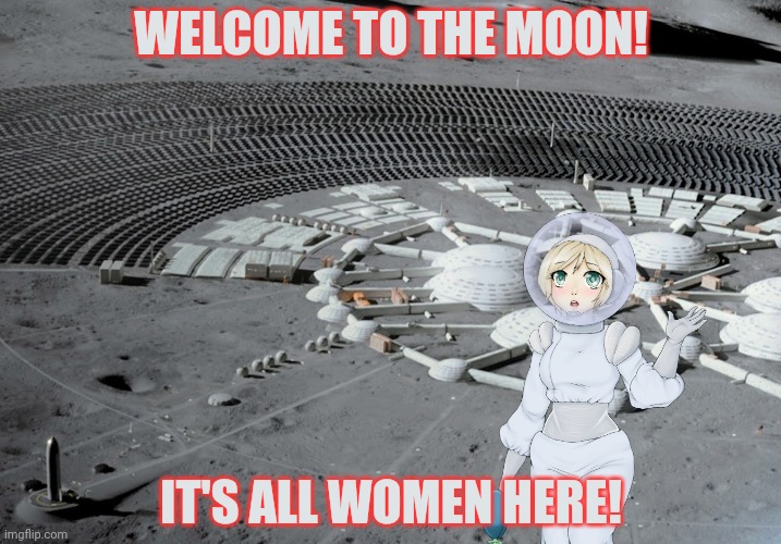 Anime moon base! | WELCOME TO THE MOON! IT'S ALL WOMEN HERE! | image tagged in anime meme,moon,base,girls only,well ok a few guys if theyre dtf | made w/ Imgflip meme maker