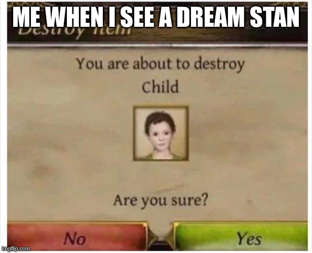 DESTROY THE STAN. (Dream stans=noobs who joined at 1.16) | ME WHEN I SEE A DREAM STAN | image tagged in you are about to destroy child,dream smp,minecraft | made w/ Imgflip meme maker