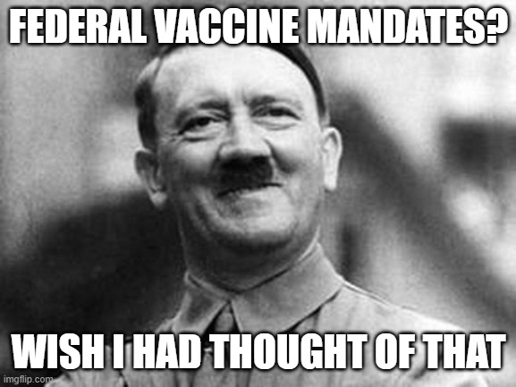 Hitler approves of Biden's plans | FEDERAL VACCINE MANDATES? WISH I HAD THOUGHT OF THAT | image tagged in hitler smile,democrats,joe biden,covid,vaccine,media lies | made w/ Imgflip meme maker