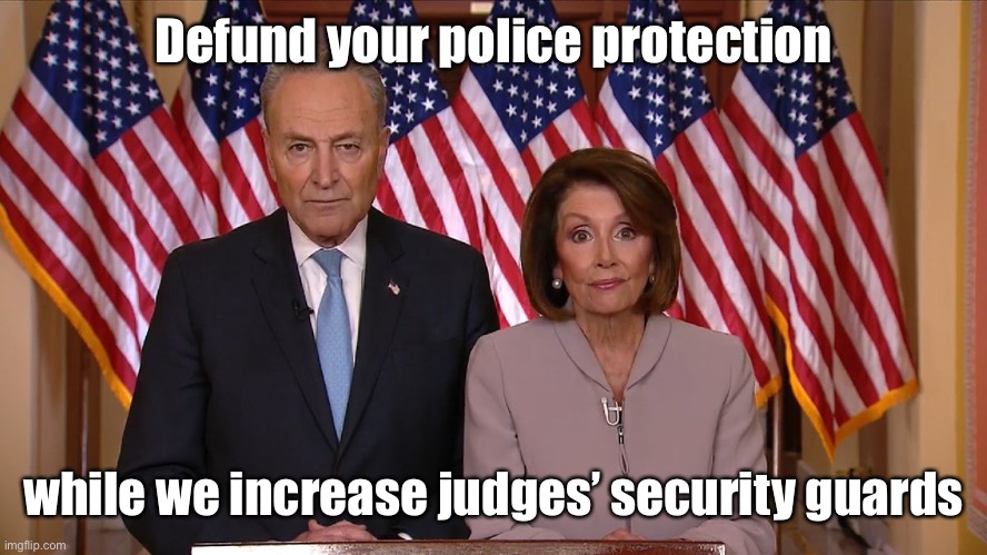Security for me but not fit thee | Defund your police protection; while we increase judges’ security guards | image tagged in chuck and nancy,federal judge security,defund the police,double standards,libtards | made w/ Imgflip meme maker