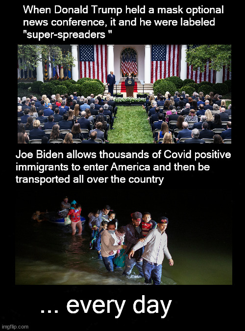 Biden Harris super-spreader event | When Donald Trump held a mask optional 
news conference, it and he were labeled 
"super-spreaders "; Joe Biden allows thousands of Covid positive
immigrants to enter America and then be 
transported all over the country; ... every day | image tagged in superspreader,border,immigration | made w/ Imgflip meme maker